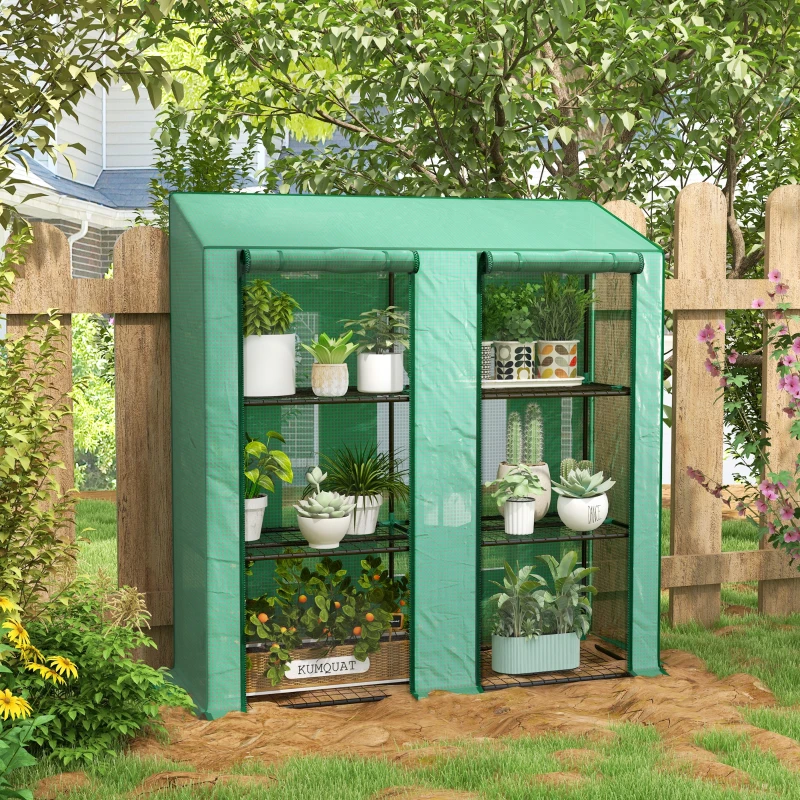 Portable Mini Greenhouse Green House with 3 Tier Shelves, Reinforced PE Cover, Roll-up Doors, 56.3" x 18.1" x 59.4"