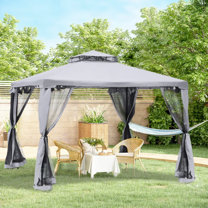 10' x 10' Patio Gazebo Outdoor Pavilion 2 Tire Roof Canopy Shelter Garden Event Party Tent Yard Sun Shade Steel Frame w- Mosquito Netting Grey
