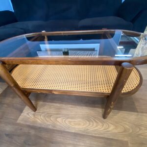 Two Tier Rattan and Glass Wood Coffee Table. 40x18x18H