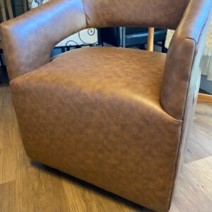 Faux Brown Leather Barrel Chair with Hidden lockable Castors.