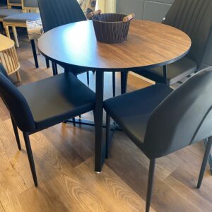 Dining Set with Wood Look 35' Round Table. Black Faux Leather Chairs