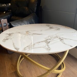 Reepham Modern Marble Top Coffee Table on Gold Base. 18.5"H, 32" Diameter