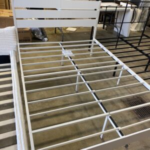 White Metal Double Platform Bed with Slatted Wood Headboard