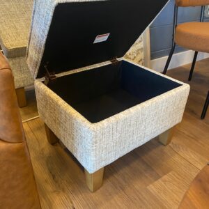 Gortin medium storage ottoman in cream/beige with wood legs. 18x22x18”H