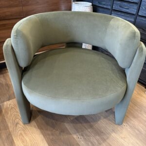Modern green velvet three leg barrel accent chair. 33”W, 28”D, 17” seat height, 28” back height
