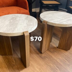 Set of two modern nesting coffee or side table. One has cosmetic damage to top and one leg. It sells for $20, the other $50. 18”D, 19”H