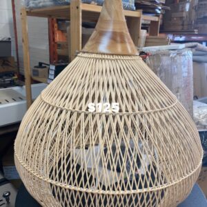 Dormody one light handing light in rattan and wood base. 23x23x23. E26 med Baze bulb, 78” black adjustable cord