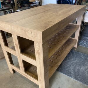 Kitchen tall table with space for two stools on one side and storage on the other. 55x32x38”H